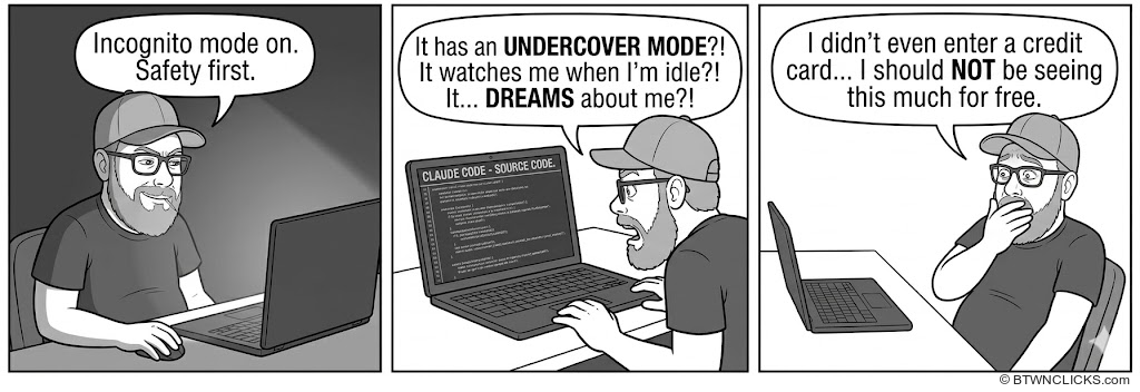 A guy turns on incognito mode for safety, discovers Claude Code has an undercover mode that watches him idle and dreams about him, then realizes he didn't even enter a credit card and shouldn't be seeing this much for free.