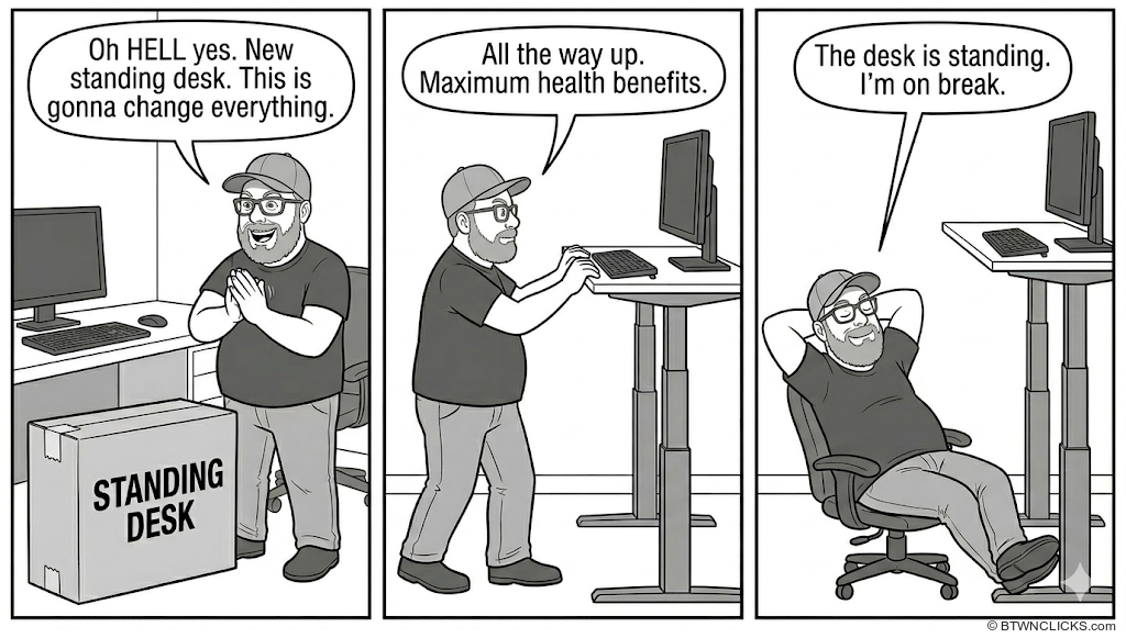 A guy excitedly unboxes a new standing desk, raises it all the way up for maximum health benefits, then reclines in his chair saying the desk is standing so he's on break.