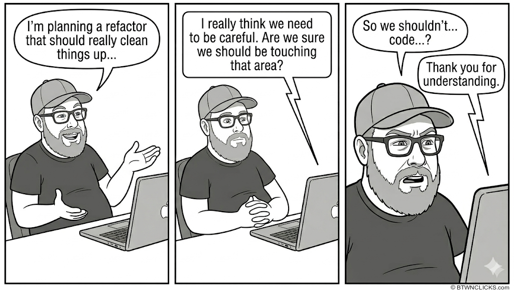 A developer tells his QA colleague on screen about a planned refactor. The QA guy nervously warns they should be careful touching that area. The developer sarcastically asks if they just shouldn't code at all, and the QA guy earnestly thanks him for understanding.