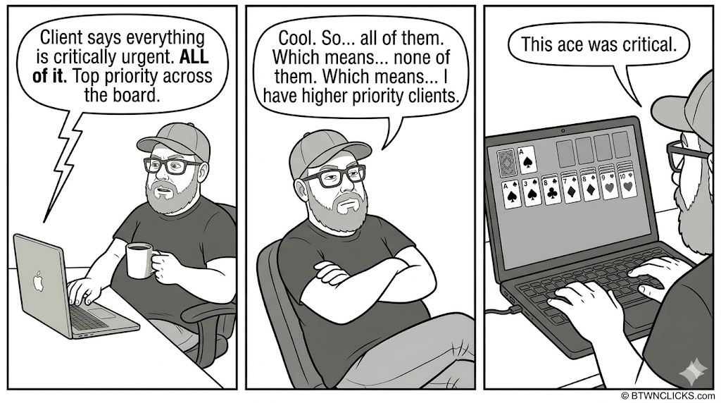 A developer complains that a client says everything is critically urgent, reasons that if everything is top priority then nothing is, and concludes he has higher priority clients — then is shown playing solitaire, declaring the ace was critical.