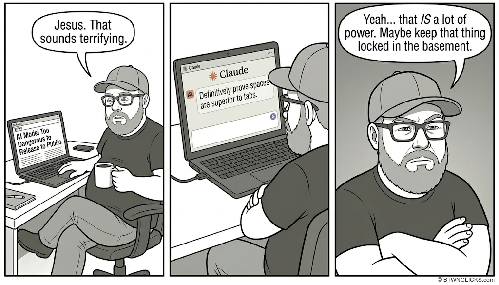 Panel 1: A heavyset man in a baseball cap and glasses sits at his desk holding a coffee mug, looking alarmed at his laptop screen which displays a news headline reading 'AI Model Too Dangerous to Release to Public.' His speech bubble reads: 'Jesus. That sounds terrifying.' Panel 2: The same man is shown from a different angle, adjusting his glasses as he looks down at his laptop which now shows an open Claude AI chat window. His message to Claude reads: 'Definitively prove spaces are superior to tabs.' There is no speech bubble — a silent beat. Panel 3: Close-up of the man with arms crossed and a dead-serious expression, nodding slightly. His speech bubble reads: 'Yeah... that IS a lot of power. Maybe keep that thing locked in the basement.'