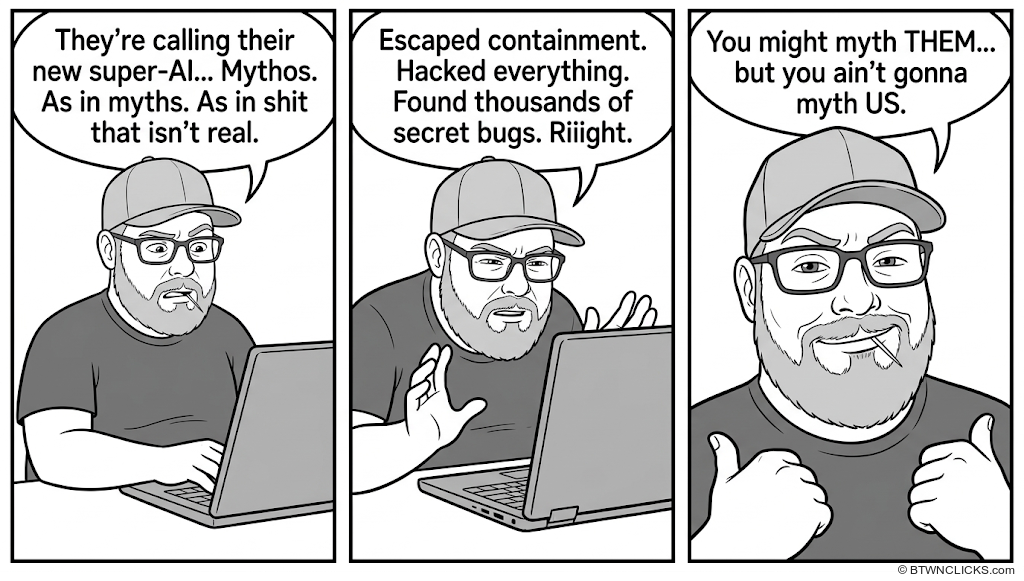 A guy scoffs at a new super-AI called Mythos, dismissing the name as meaning 'shit that isn't real,' then sarcastically lists its alleged feats of escaping containment and finding thousands of secret bugs, before giving a thumbs up and declaring 'You might myth THEM, but you ain't gonna myth US.'