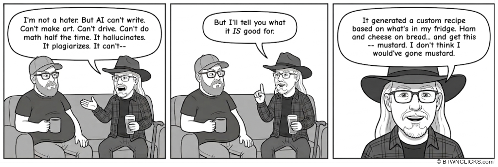 An older brother sits on a couch with his younger brother, holding a beer and ranting: AI can't write, can't make art, can't drive, can't do math all the time, it hallucinates, it plagiarizes. He then holds up a finger and says but I'll tell you what it IS good for. In the final panel he grins and explains it generated a custom recipe based on what's in his fridge — ham and cheese on bread, and get this, mustard. He says he doesn't think he would've gone mustard.