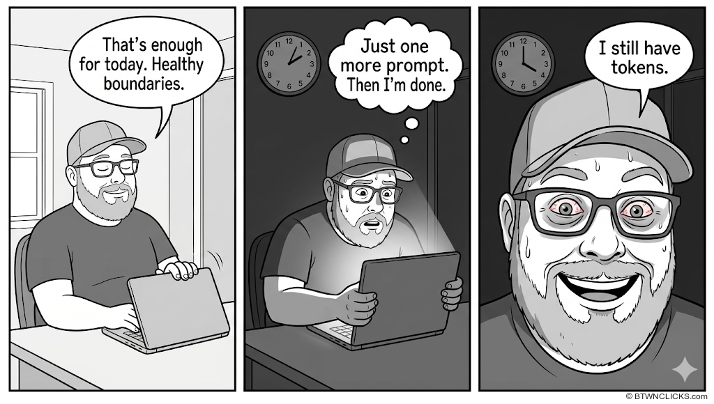 Panel 1: A bearded man in glasses sits at a desk, closing his laptop with a satisfied expression. A speech bubble reads: 'That's enough for today. Healthy boundaries.' Panel 2: The same man is shown hunched over his laptop in the dark, the screen illuminating his face. A thought bubble reads: 'Just one more prompt. Then I'm done.' Panel 3: Extreme close-up of the man's face grinning wide with unhinged enthusiasm. A thought bubble reads: 'I still have tokens.'