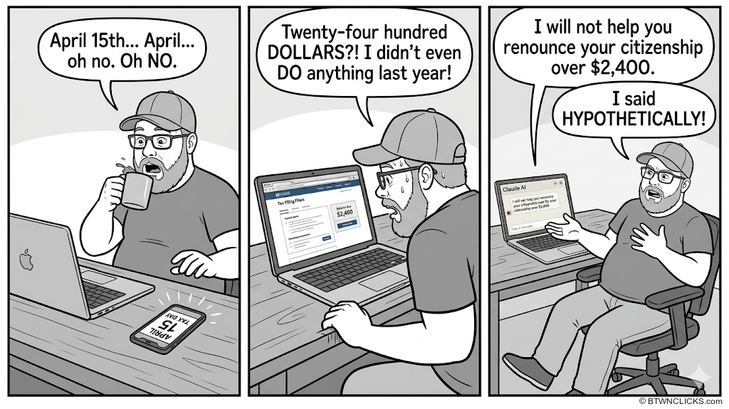 Panel 1: A heavyset man in a baseball cap and glasses sits at a desk with a laptop, clutching his head in distress. His speech bubble reads: 'April 15th... April... oh no. Oh NO.' Panel 2: The same man stares at his laptop screen, which displays what appears to be a tax filing website. His speech bubble reads: 'Twenty-four hundred DOLLARS?! I didn't even DO anything last year!' Panel 3: The man is now on the phone, gesturing with his free hand. A speech bubble reads: 'I will not help you renounce your citizenship over the pho—' followed by another speech bubble: 'I said HYPOTHETICALLY!'