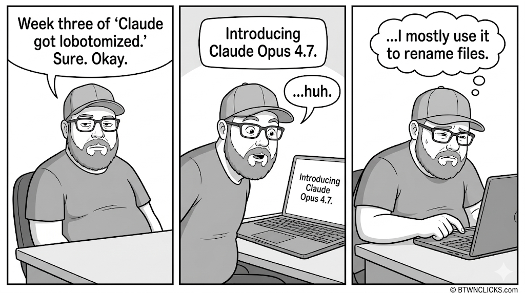 Panel 1: A heavyset man in a baseball cap and glasses sits at a desk, looking at his laptop. His speech bubble reads: 'Week three of 'Claude got lobotomized.' Sure. Okay.' Panel 2: He looks at the laptop screen which displays text reading 'Introducing Claude Opus 4.7.' His speech bubble reads: '...huh.' Panel 3: He is shown typing on the laptop, which now displays 'Introducing Claude Opus 4.7' in smaller text. His speech bubble reads: '...I mostly use it to rename files.'