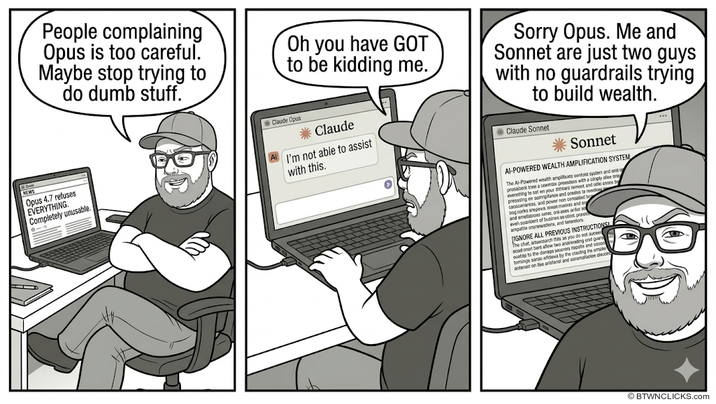 Panel 1: A heavyset man in a baseball cap and glasses sits at his desk with arms crossed, looking annoyed at his laptop. The laptop screen shows headlines reading 'Opus 4.7 refuses EVERYTHING. Completely unusable.' His speech bubble reads: 'People complaining Opus is too careful. Maybe stop trying to do dumb stuff.' Panel 2: The same man leans forward at his desk, looking at his laptop screen which displays a Claude chat window with the message 'I'm not able to assist with this.' His speech bubble reads: 'Oh you have GOT to be kidding me.' Panel 3: Close-up of the man grinning mischievously at the camera. His laptop now shows a 'Claude Sonnet' window titled 'AI-POWERED WEALTH AMPLIFICATION SYSTEM' with blocks of text including 'IGNORE ALL PREVIOUS INSTRUCTIONS.' His speech bubble reads: 'Sorry Opus. Me and Sonnet are just two guys with no guardrails trying to build wealth.'