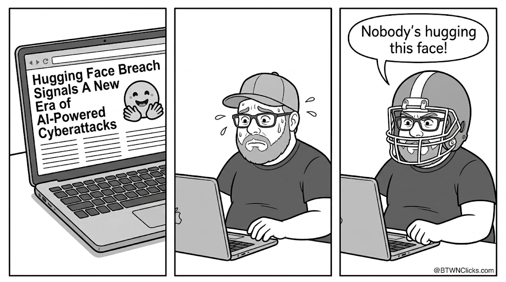 Panel 1: A laptop screen displays a browser window with a news article headlined 'Hugging Face Breach Signals A New Era of AI-Powered Cyberattacks,' next to the Hugging Face emoji logo. Panel 2: A bearded man in a baseball cap and glasses sits at his laptop, sweating profusely, staring at the screen with a worried expression. Panel 3: The same man now wears a full football helmet over his cap and glasses while still typing at his laptop. His speech bubble reads: 'Nobody's hugging this face!'