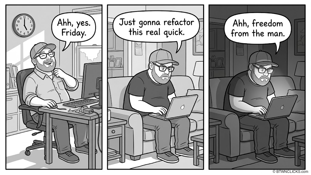 Panel 1: A heavyset bearded man in a baseball cap and glasses leans back in an office chair at his desk, grinning and holding a hand to his chest. A wall clock behind him reads 5 o'clock, and sunlight streams through the window. His speech bubble reads: 'Ahh, yes. Friday.' Panel 2: The same man, now in a dark t-shirt, sits on a living room couch with a laptop on his knees. He looks scowling and intensely focused. His speech bubble reads: 'Just gonna refactor this real quick.' Panel 3: The same couch scene, but the room is now dark and the laptop's glow lights his tense face. His speech bubble reads: 'Ahh, freedom from the man.' The visual gag is that the room has gone dark, so hours have passed. He is still working, just unpaid.